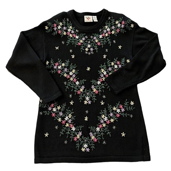 NUTCRACKER Vintage 3D Beaded Floral Long Oversized Crewneck Sweater Black Size S - Picture 7 of 8
